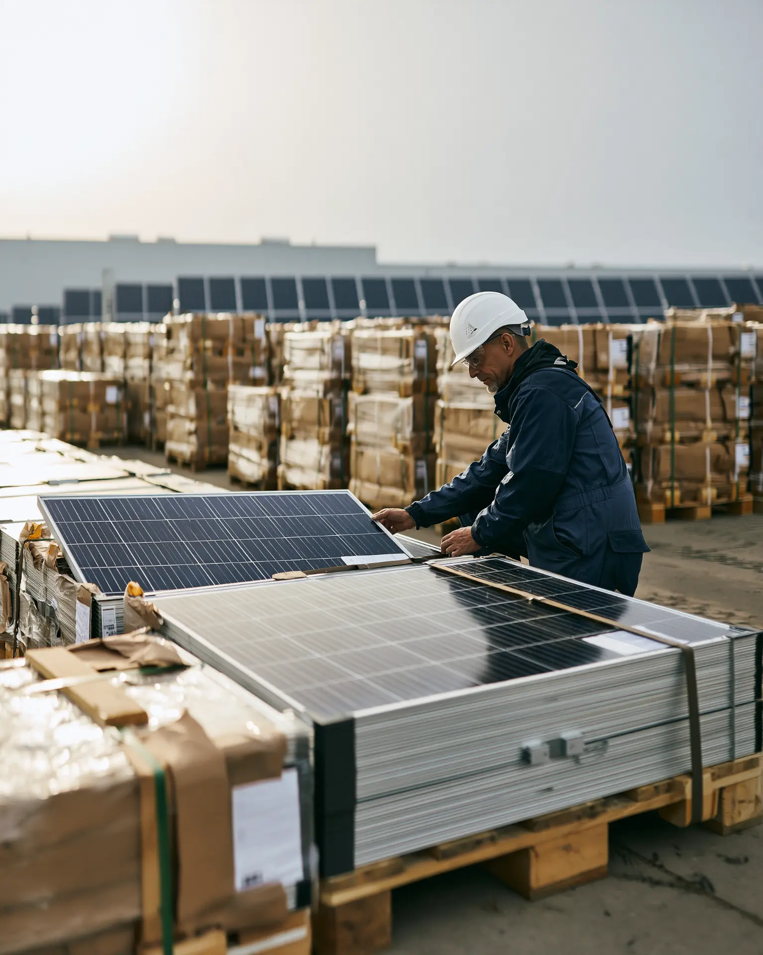 Techniker prüft PV Module auf Paletten an einem Solarpark