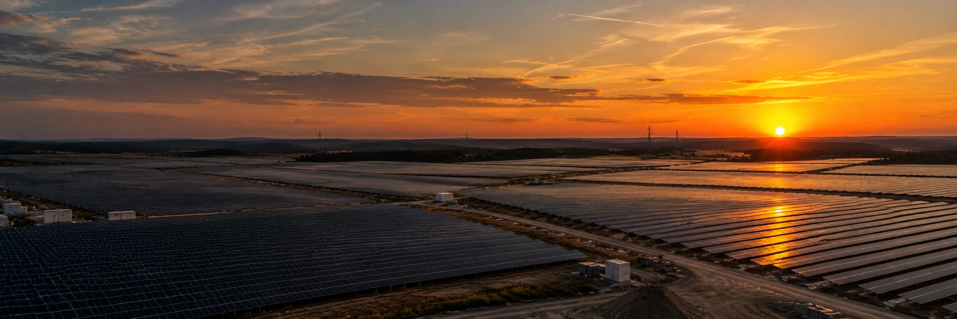 Großer Solarpark im Abendlicht aus der Luft