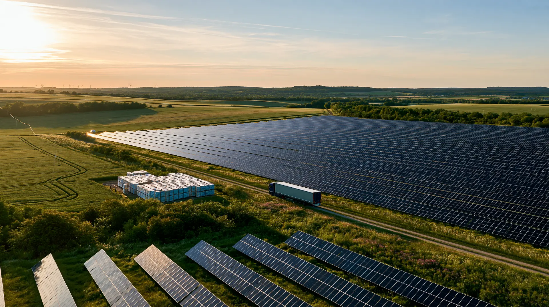 Großflächiger Solarpark in Mitteleuropa aus der Luft