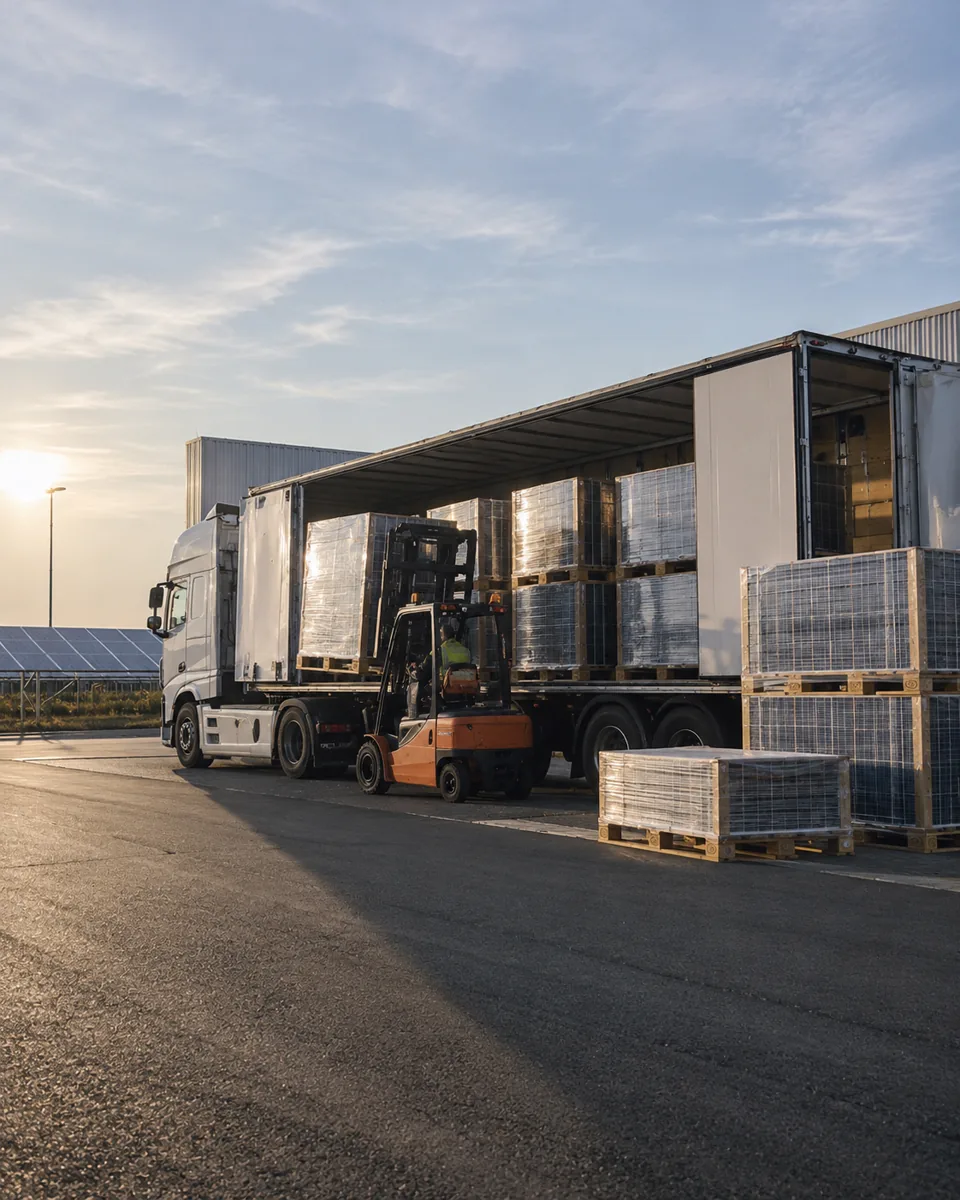 LKW wird mit Paletten voller PV Module beladen